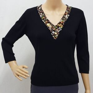 Joseph A Black Multi Earth Tone Stone Embellished V-neck 3/4 Sleeve Top